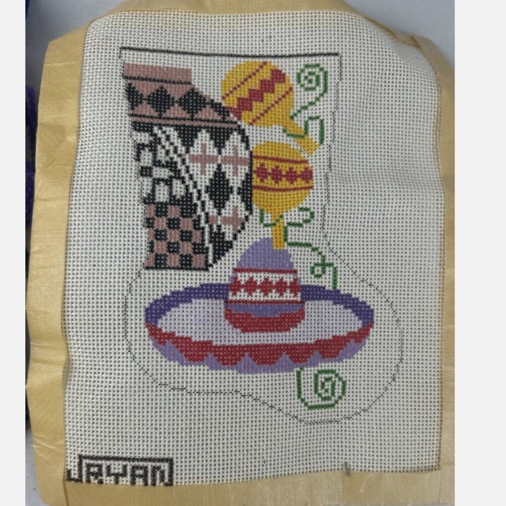Handpainted Needlepoint Canvas Christmas Mini Stocking Mexican Sombrero JRYAN - Picture 2 of 3